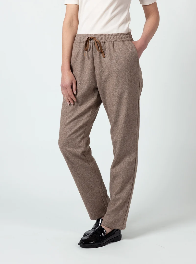 Pantalon femme laine beige foncé taille élastiquée