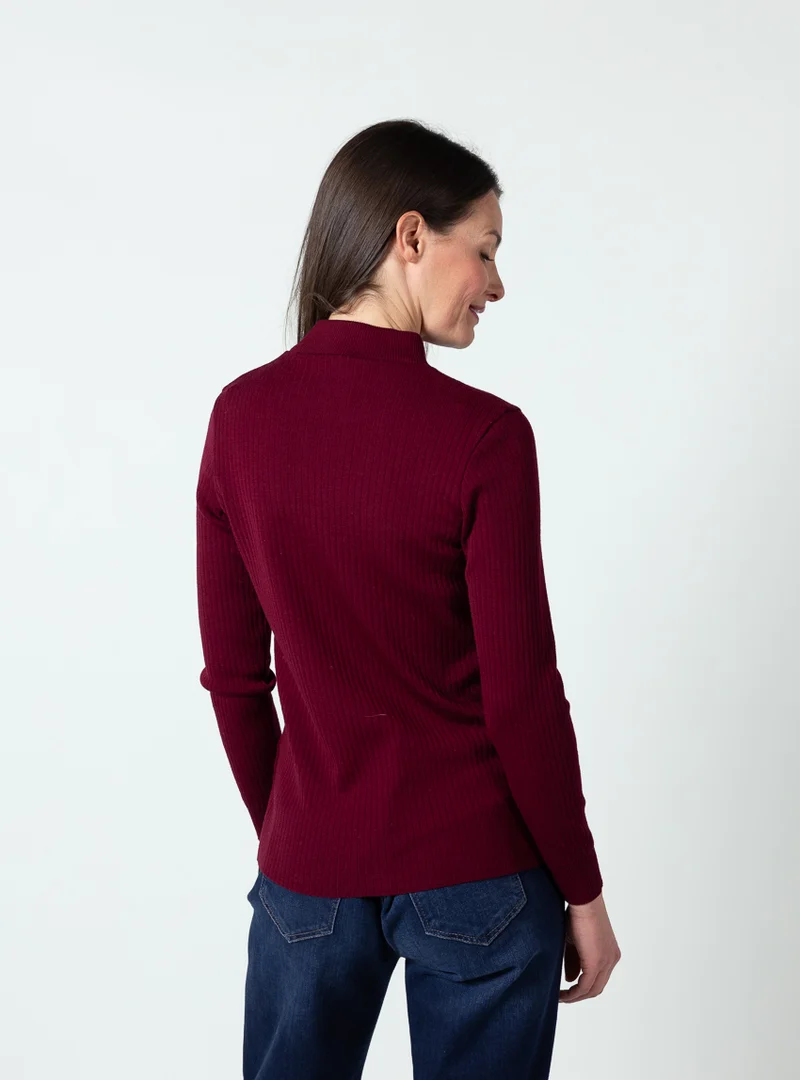 Pull femme col cheminée laine mérinos rouge médoc