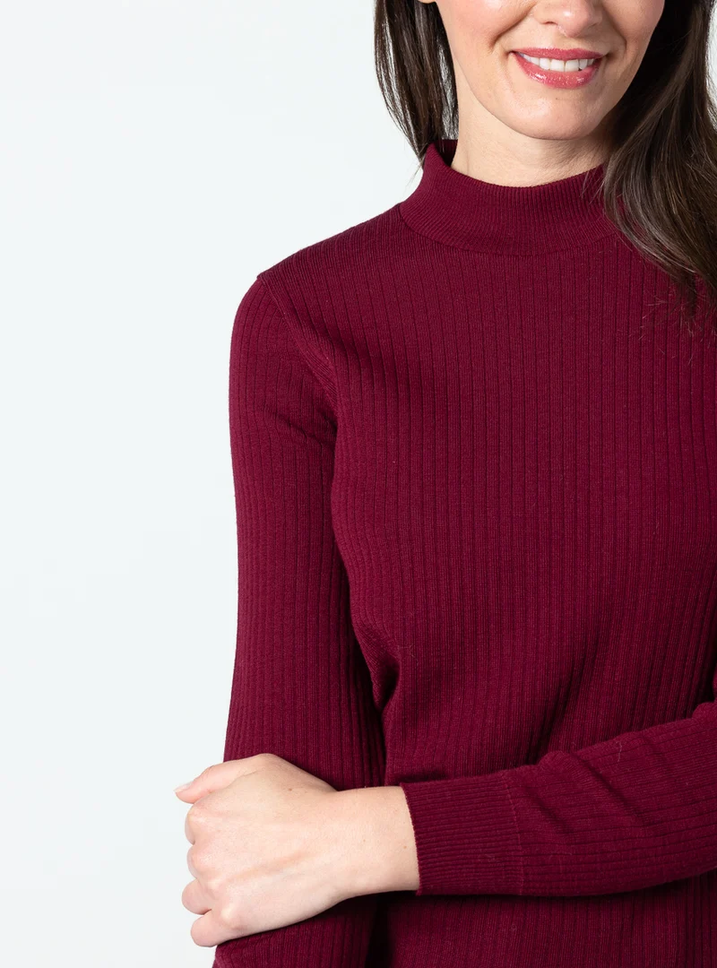 Pull femme col cheminée laine mérinos rouge médoc