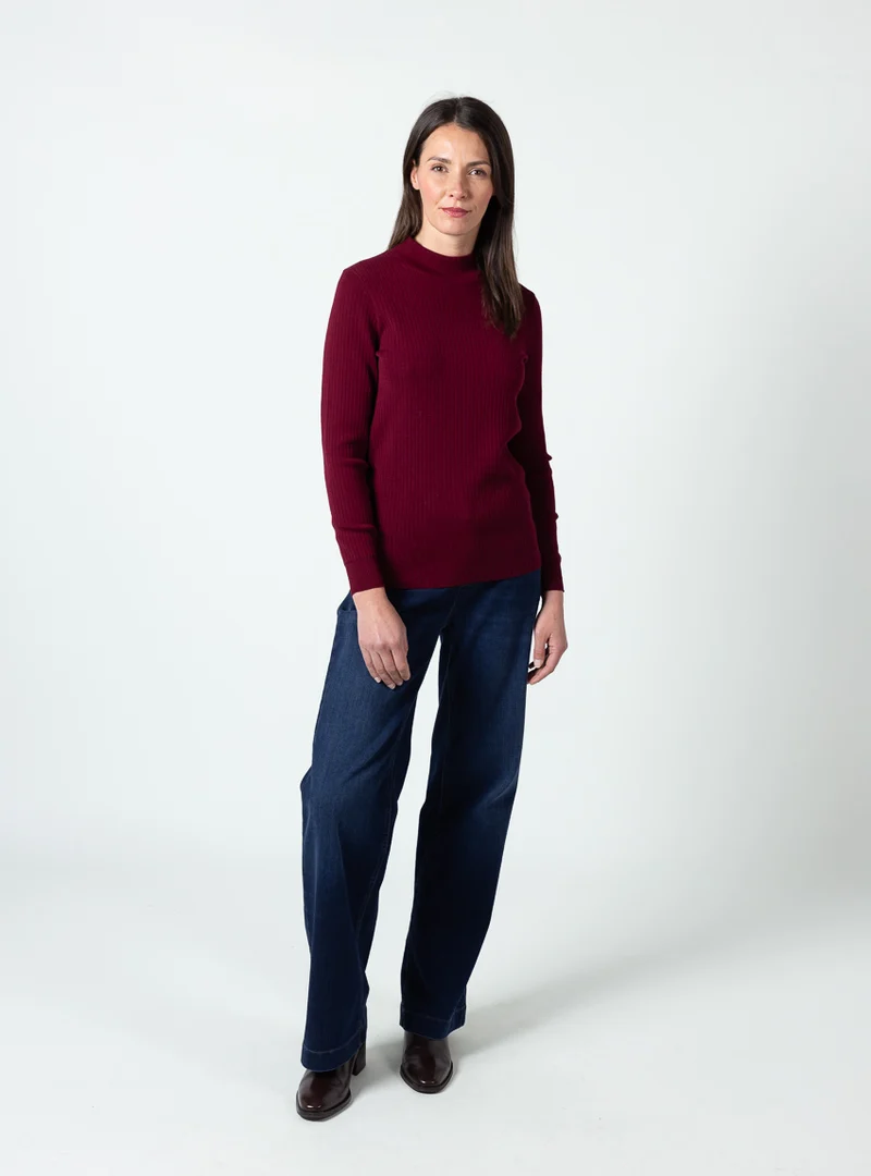 Pull femme col cheminée laine mérinos rouge médoc