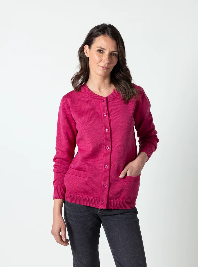 Cardigan femme col rond en laine mérinos rose géranium