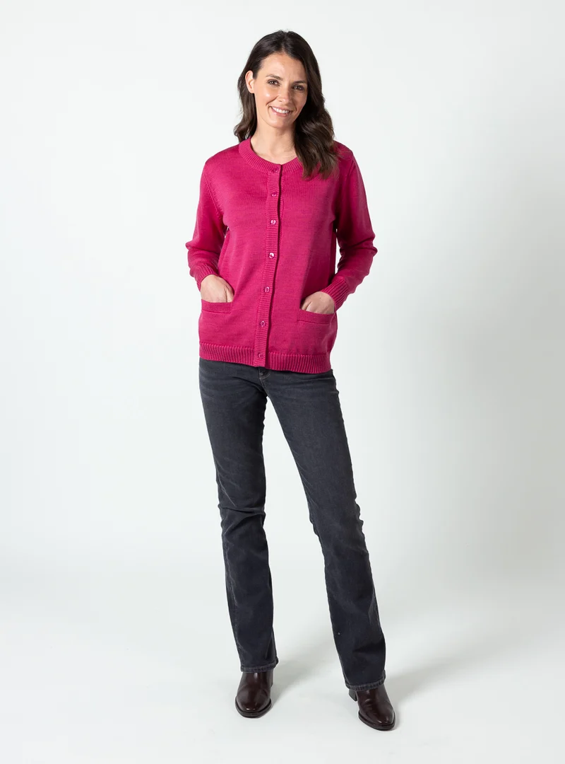 Cardigan femme col rond en laine mérinos rose géranium