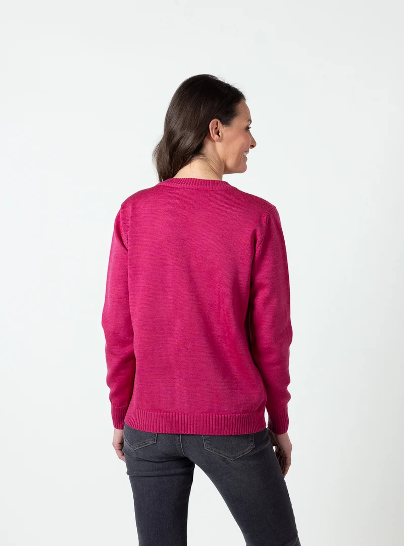 Cardigan femme col rond en laine mérinos rose géranium