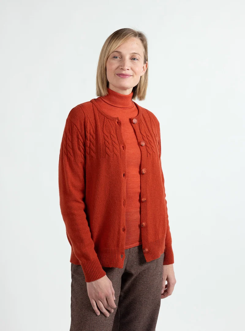 Cardigan femme en laine extrafine mérinos orange brûlé