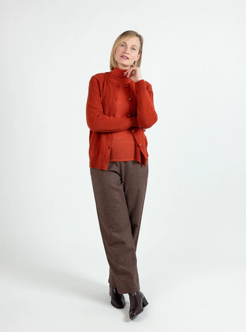Cardigan femme en laine extrafine mérinos orange brûlé