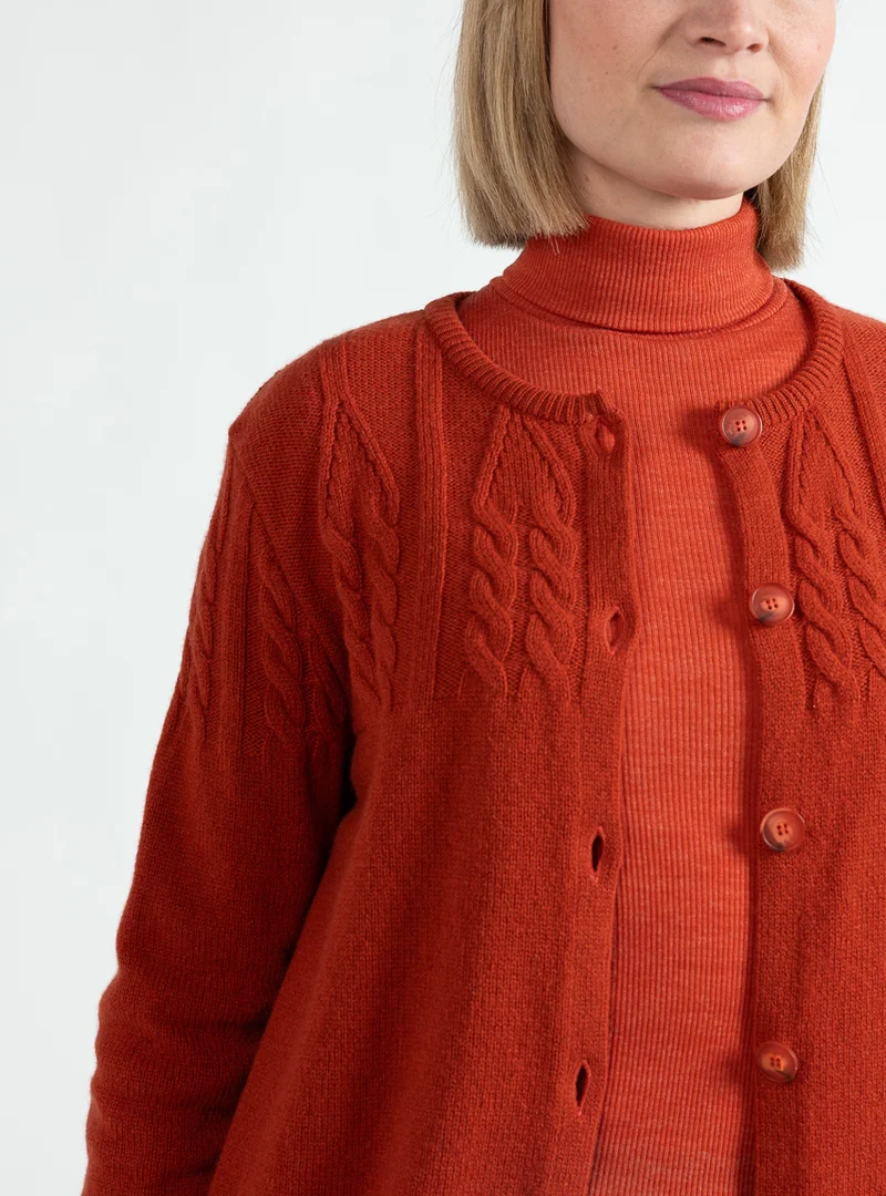 Cardigan femme en laine extrafine mérinos orange brûlé