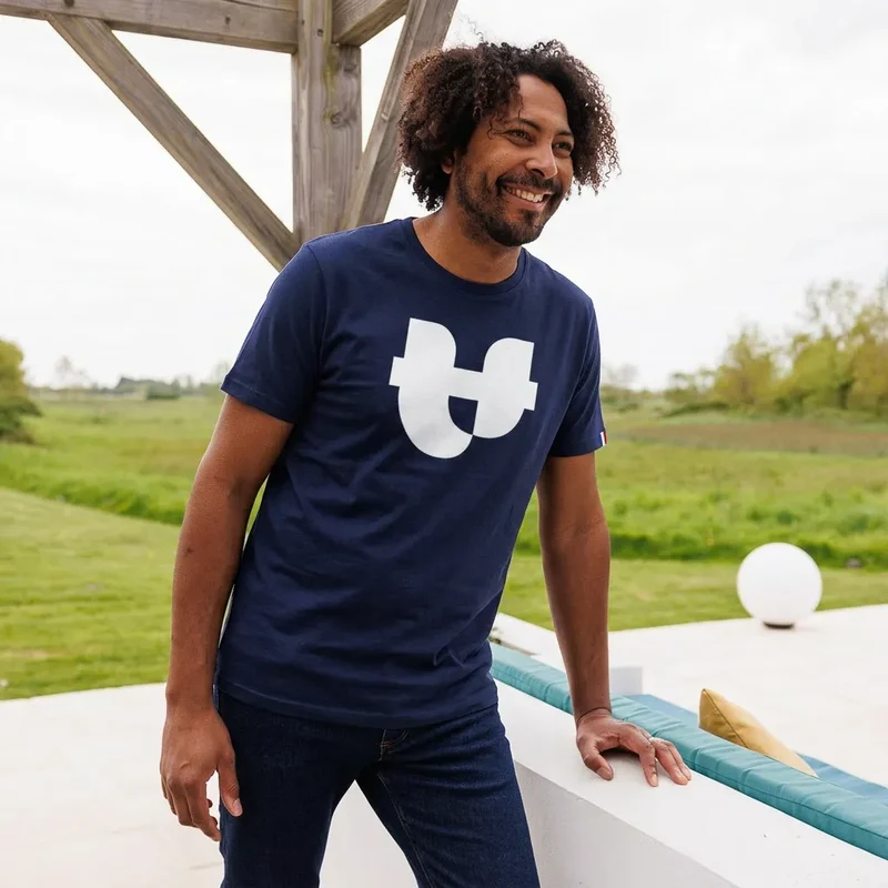 T-shirt coton bleu col rond imprimé