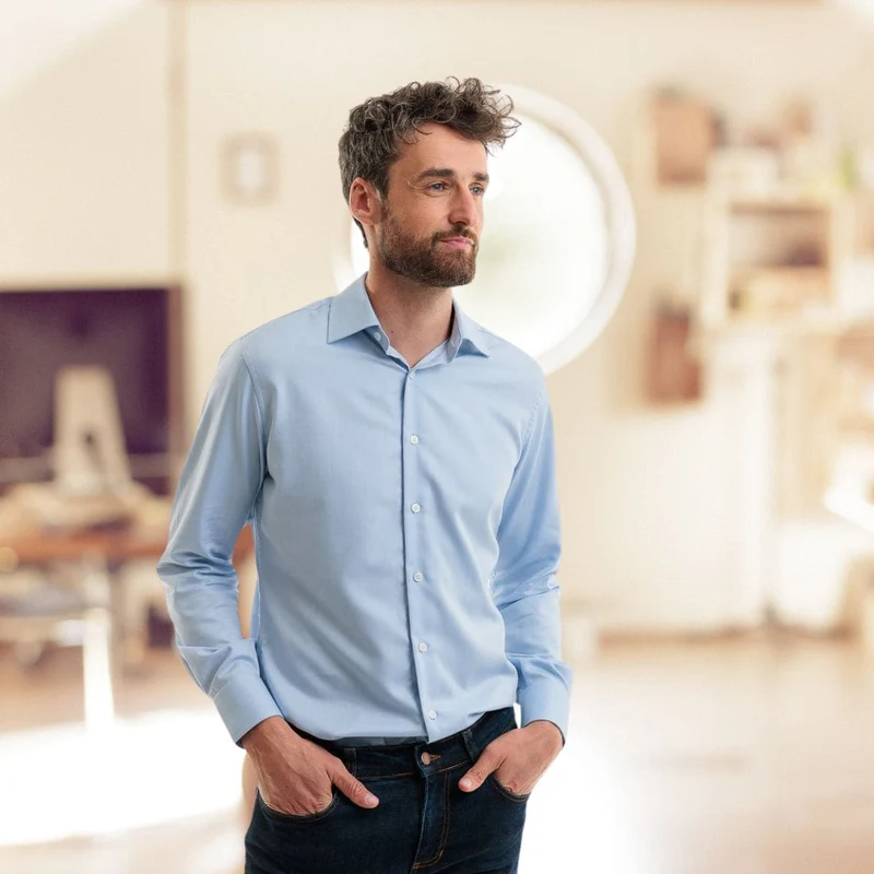 Chemise col italien bleu ciel 100% coton