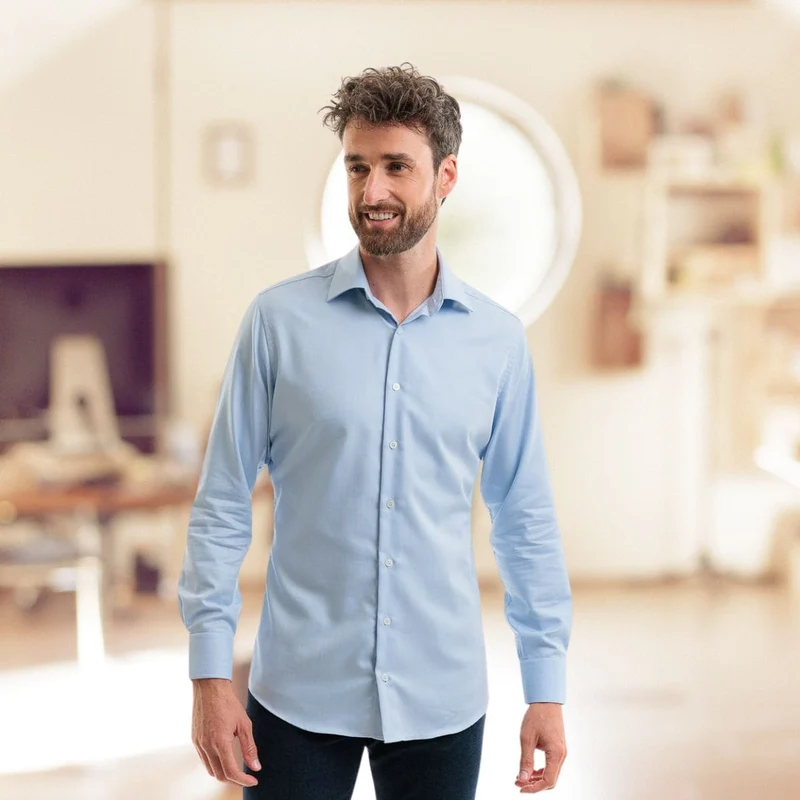Chemise col italien bleu ciel 100% coton