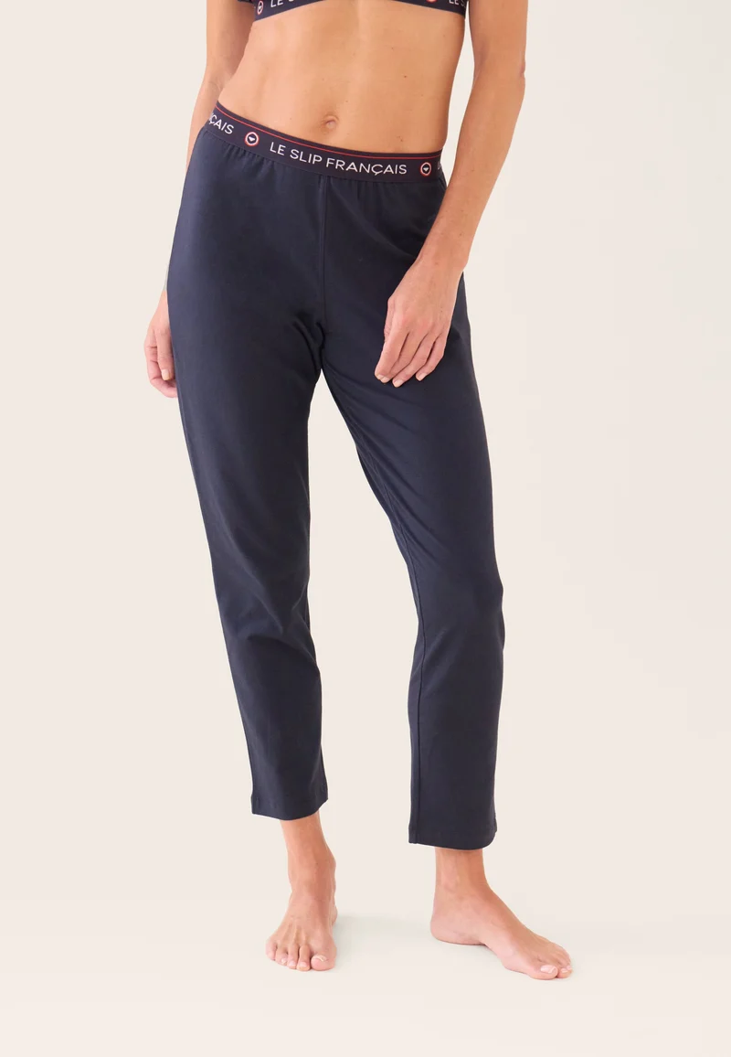 Ensemble Pyjama femme bleu marine en coton - Pyjama Haut Manches Courtes Puissante Et Bas De Pyjama Long Vigoureuse Marine