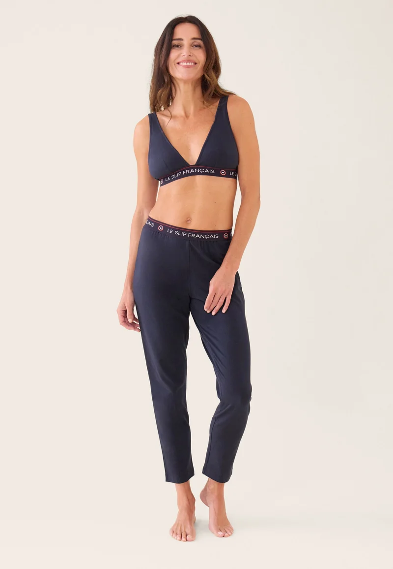 Ensemble Pyjama femme bleu marine en coton - Pyjama Haut Manches Courtes Puissante Et Bas De Pyjama Long Vigoureuse Marine