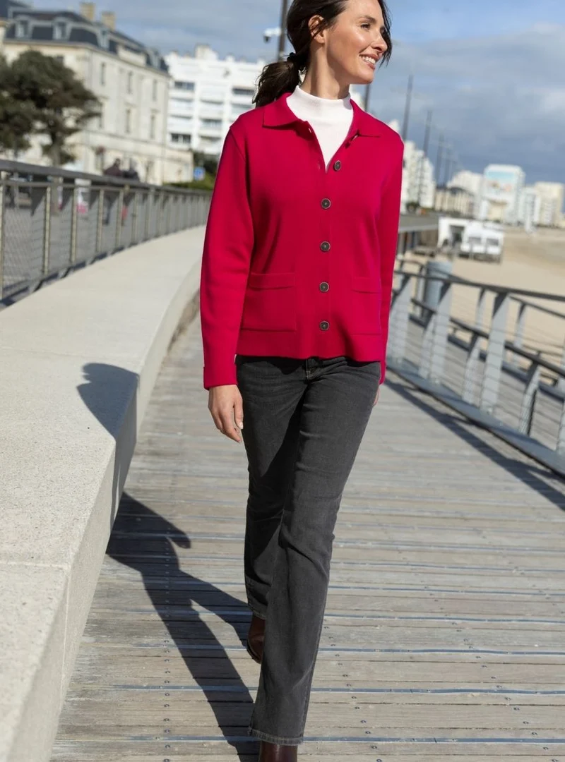 Veste femme laine mérinos rose rubis