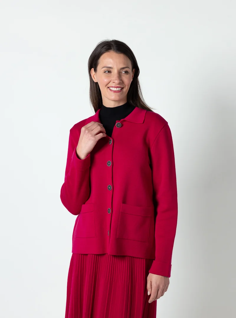 Veste femme laine mérinos rose rubis