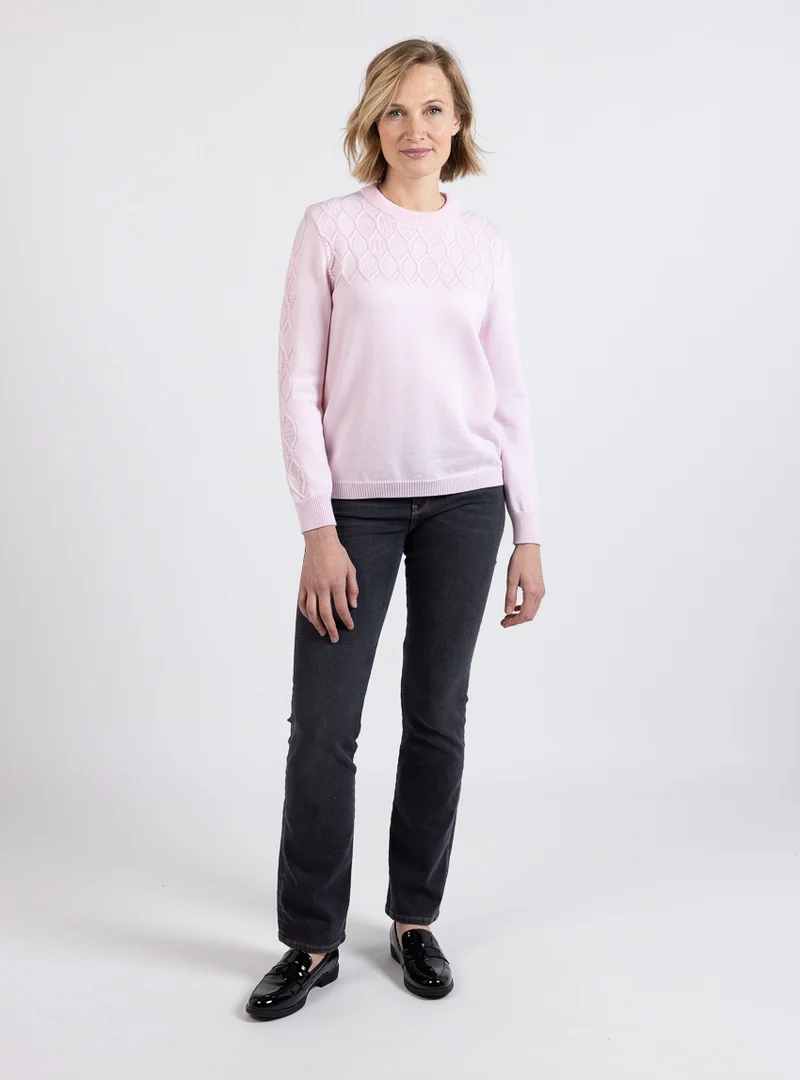 Pull femme esprit irlandais laine fine mérinos rose pastel