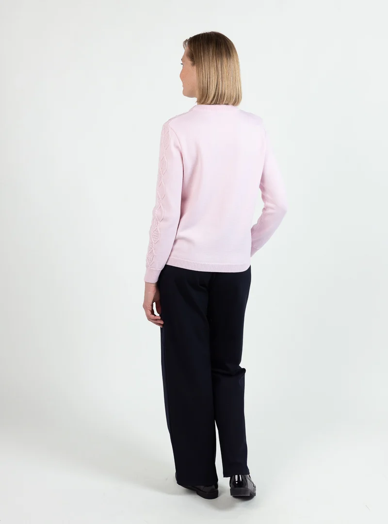 Pull femme esprit irlandais laine fine mérinos rose pastel