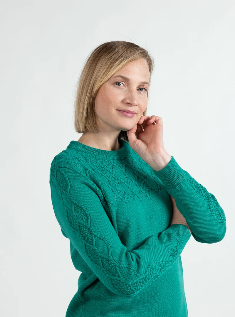 Pull femme esprit irlandais laine fine mérinos vert jade