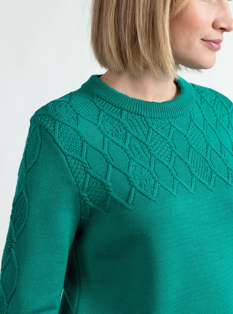 Pull femme esprit irlandais laine fine mérinos vert jade