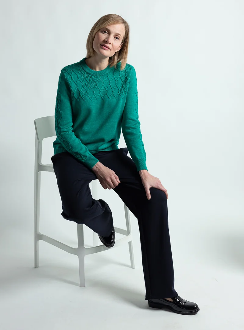 Pull femme esprit irlandais laine fine mérinos vert jade