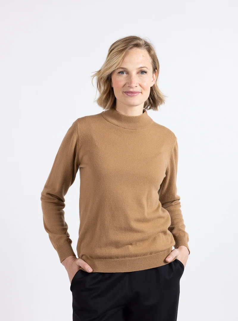 Pull femme col cheminée 100% cachemire beige cuivre