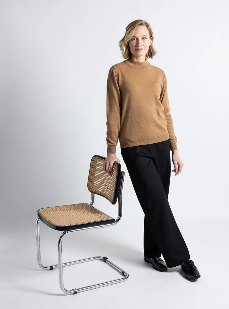 Pull femme col cheminée 100% cachemire beige cuivre