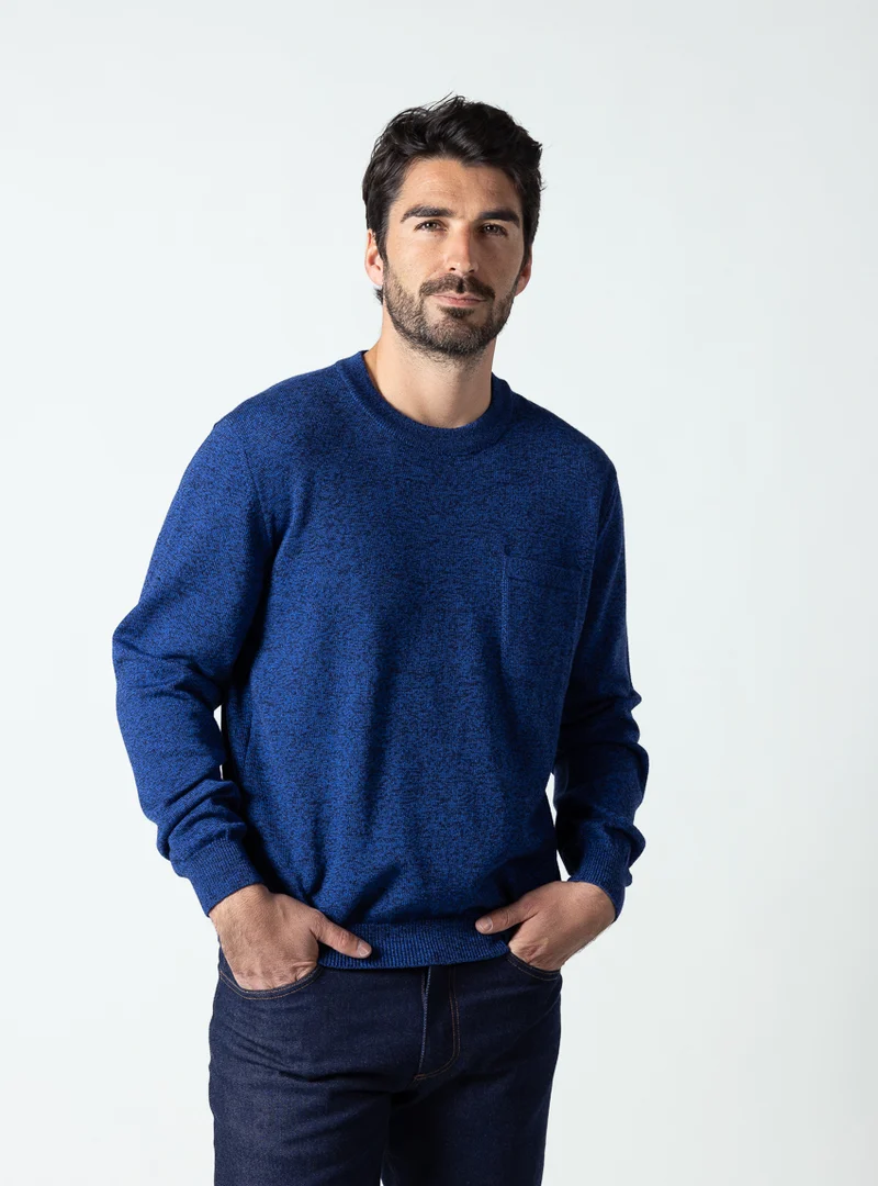 Pull homme col rond laine merinos bleu mouline