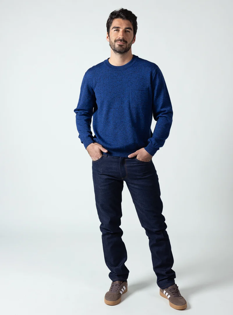 Pull homme col rond laine merinos bleu mouline