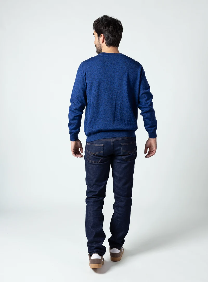 Pull homme col rond laine merinos bleu mouline
