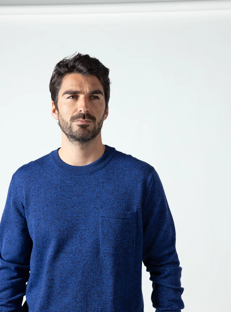 Pull homme col rond laine merinos bleu mouline