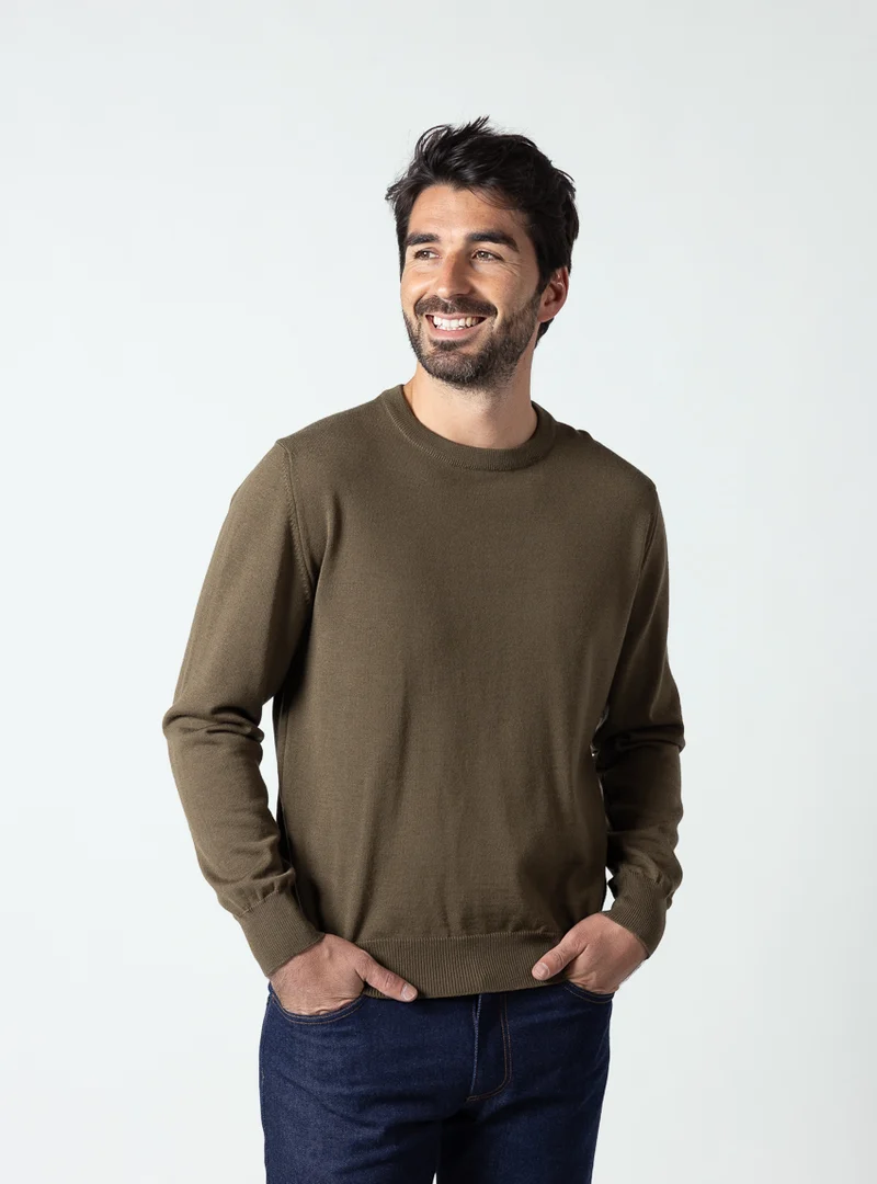 Pull col rond homme en laine merinos vert jonc