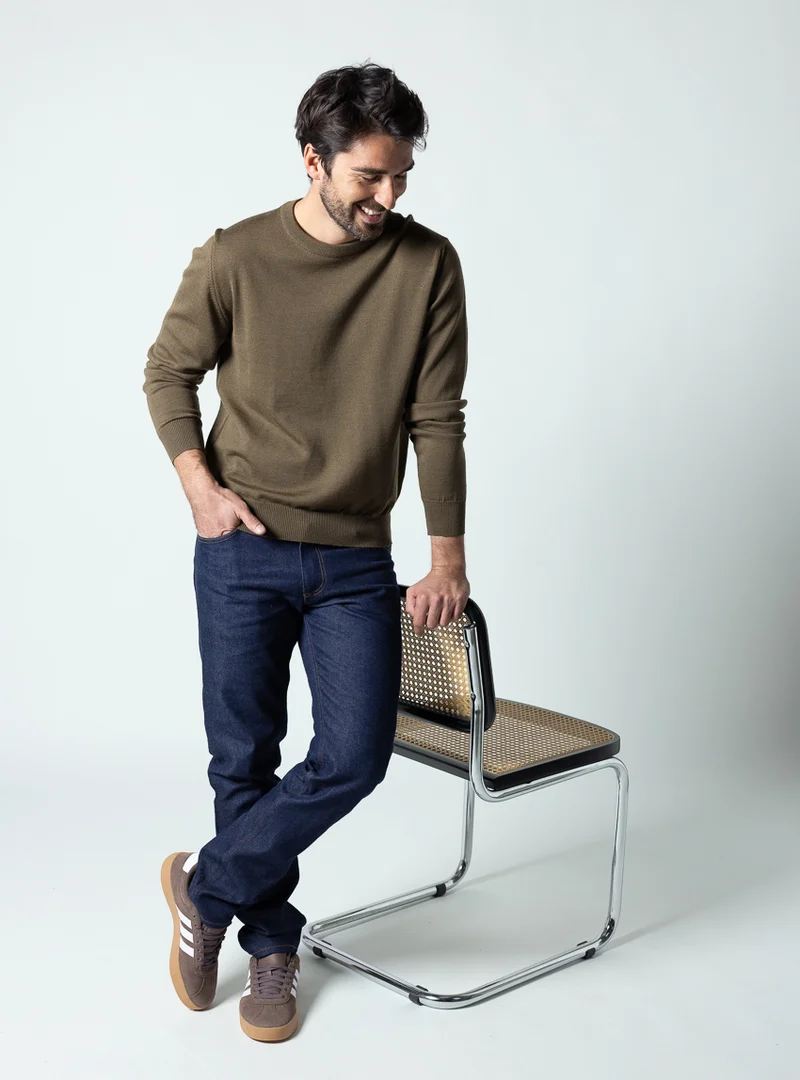 Pull col rond homme en laine merinos vert jonc