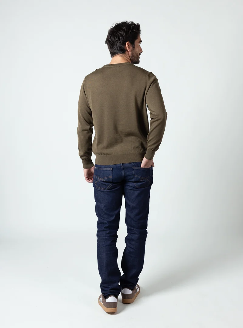 Pull col rond homme en laine merinos vert jonc