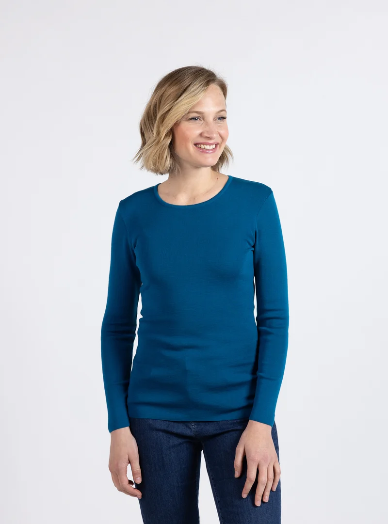 Tee-shirt thermique femme manches longues en laine merinos bleu colvert