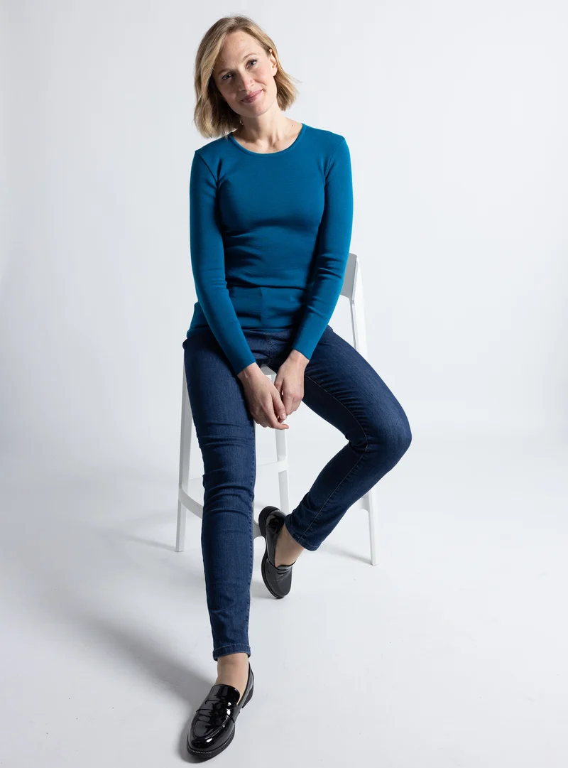 Tee-shirt thermique femme manches longues en laine merinos bleu colvert