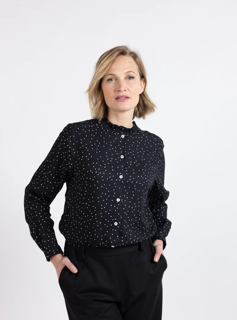 Chemisier femme noir en viscose avec volants