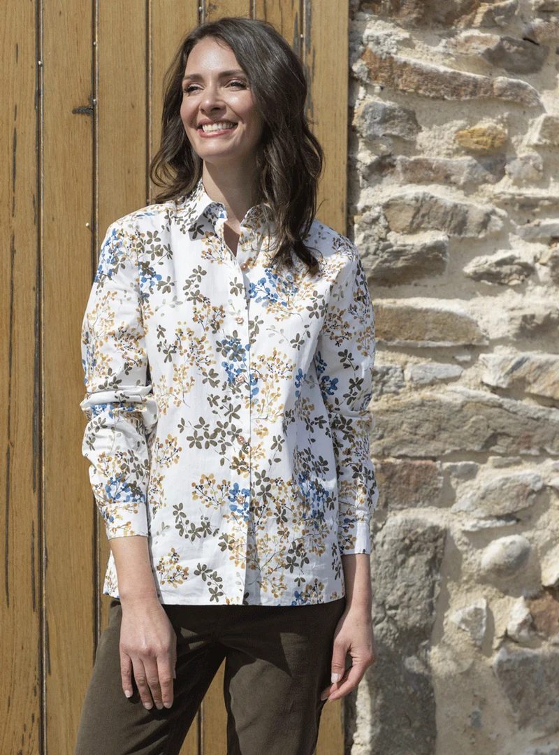 Chemisier femme coton floral bleu