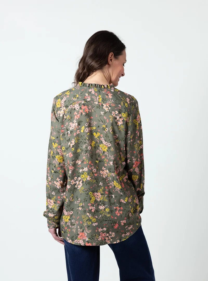 Chemisier femme viscose chaude vert kaki col volanté
