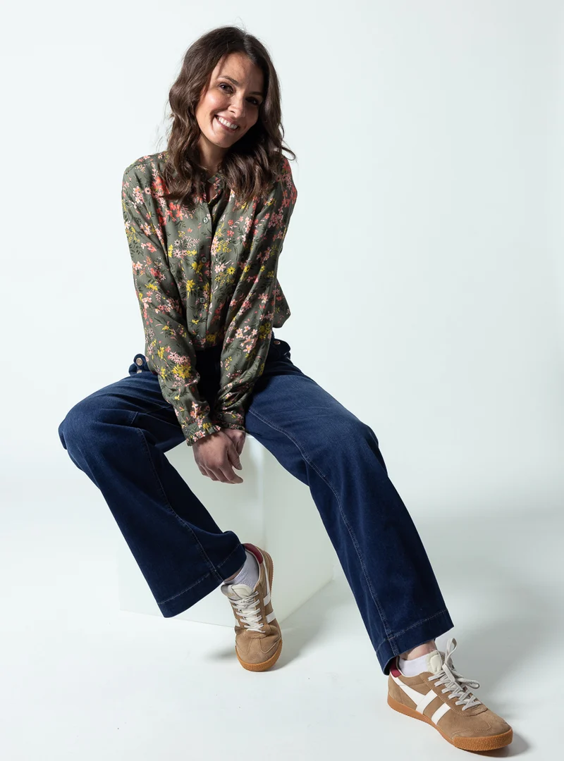 Chemisier femme viscose chaude vert kaki col volanté