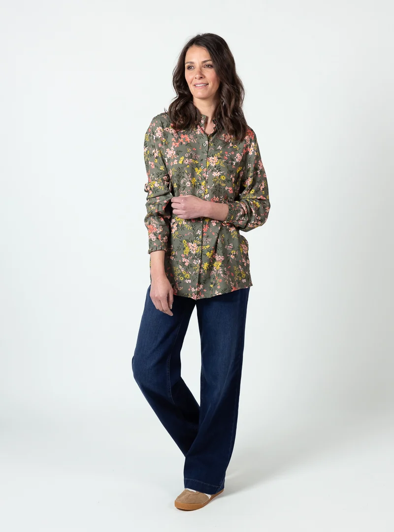 Chemisier femme viscose chaude vert kaki col volanté