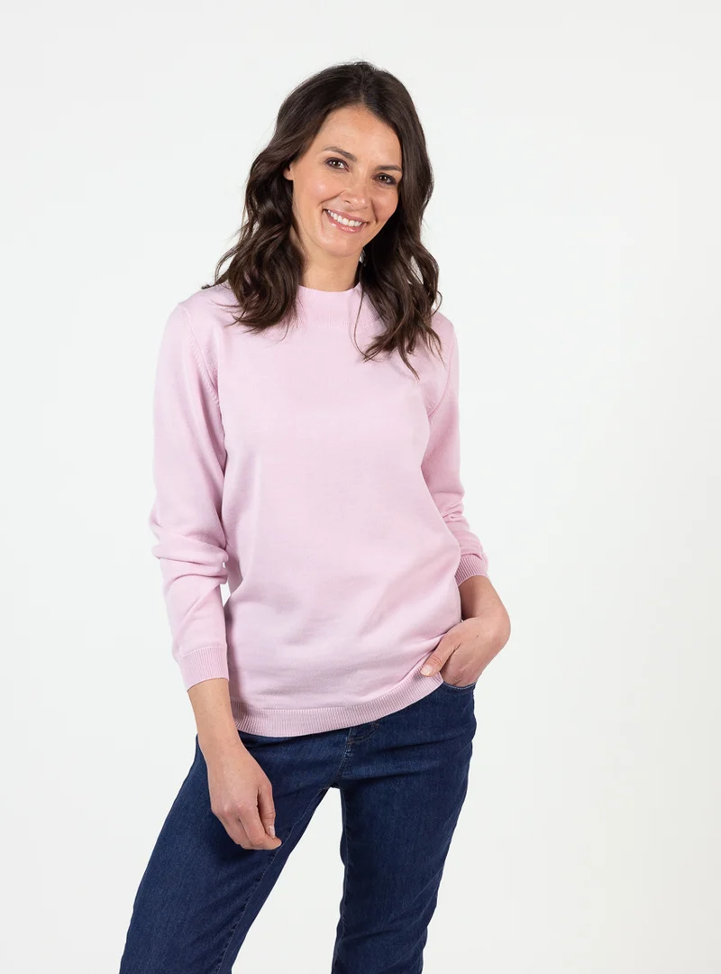 Pull femme col cheminée laine mérinos rose léger
