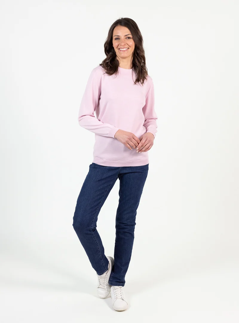 Pull femme col cheminée laine mérinos rose léger