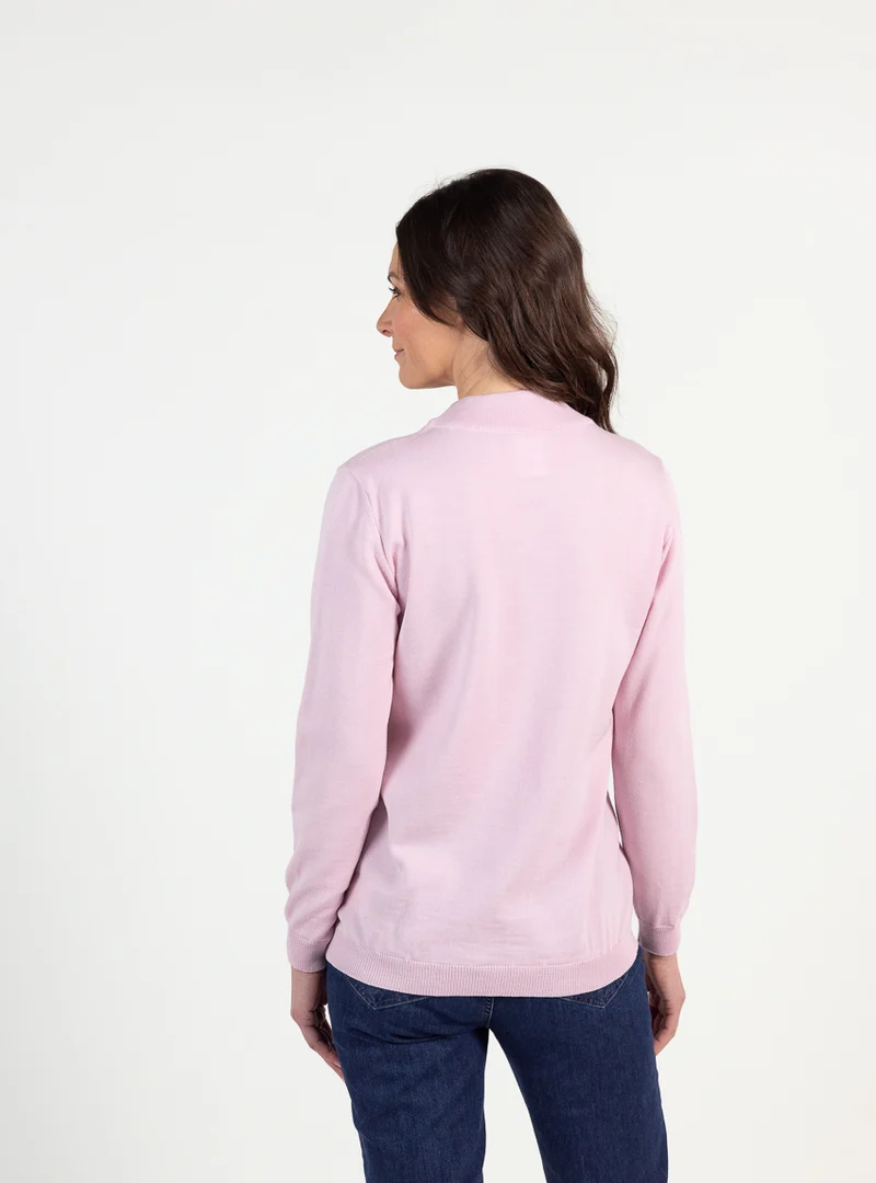 Pull femme col cheminée laine mérinos rose léger