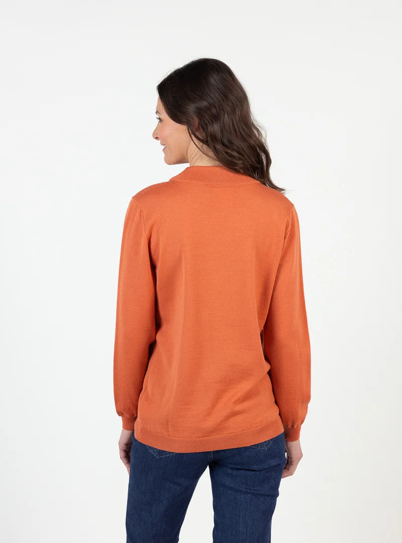 Pull femme col cheminée laine mérinos orange tendre