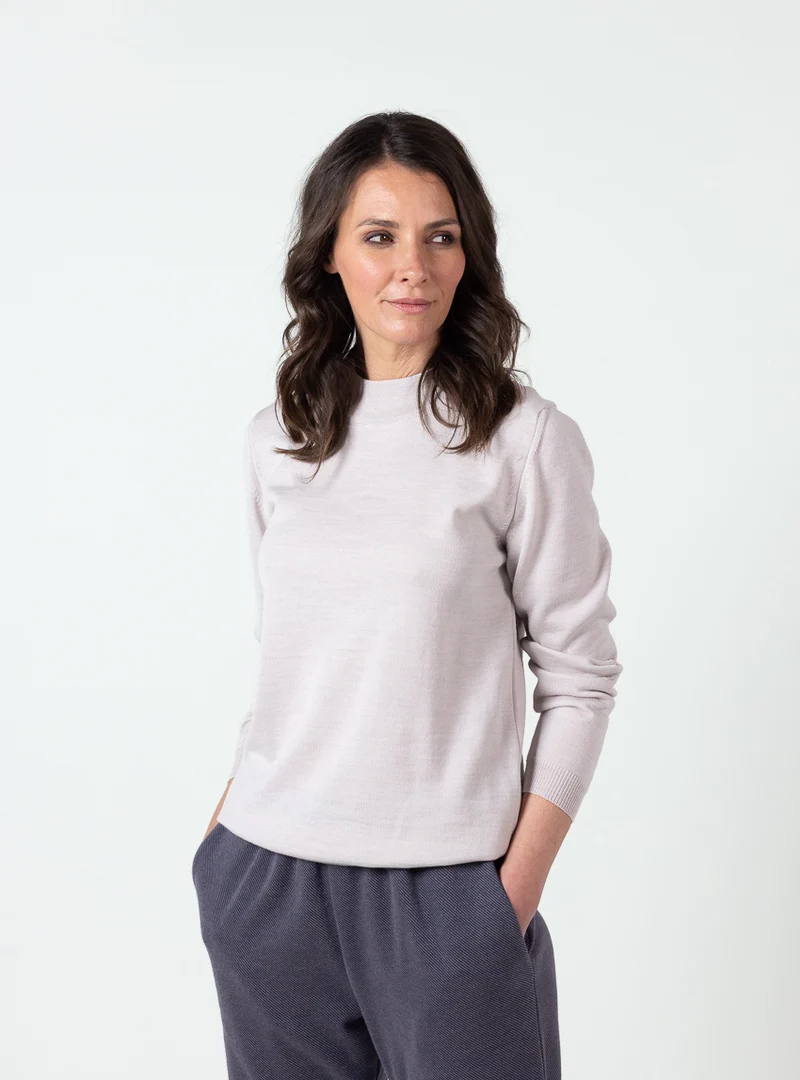 Pull femme col cheminée laine mérinos beige naturel
