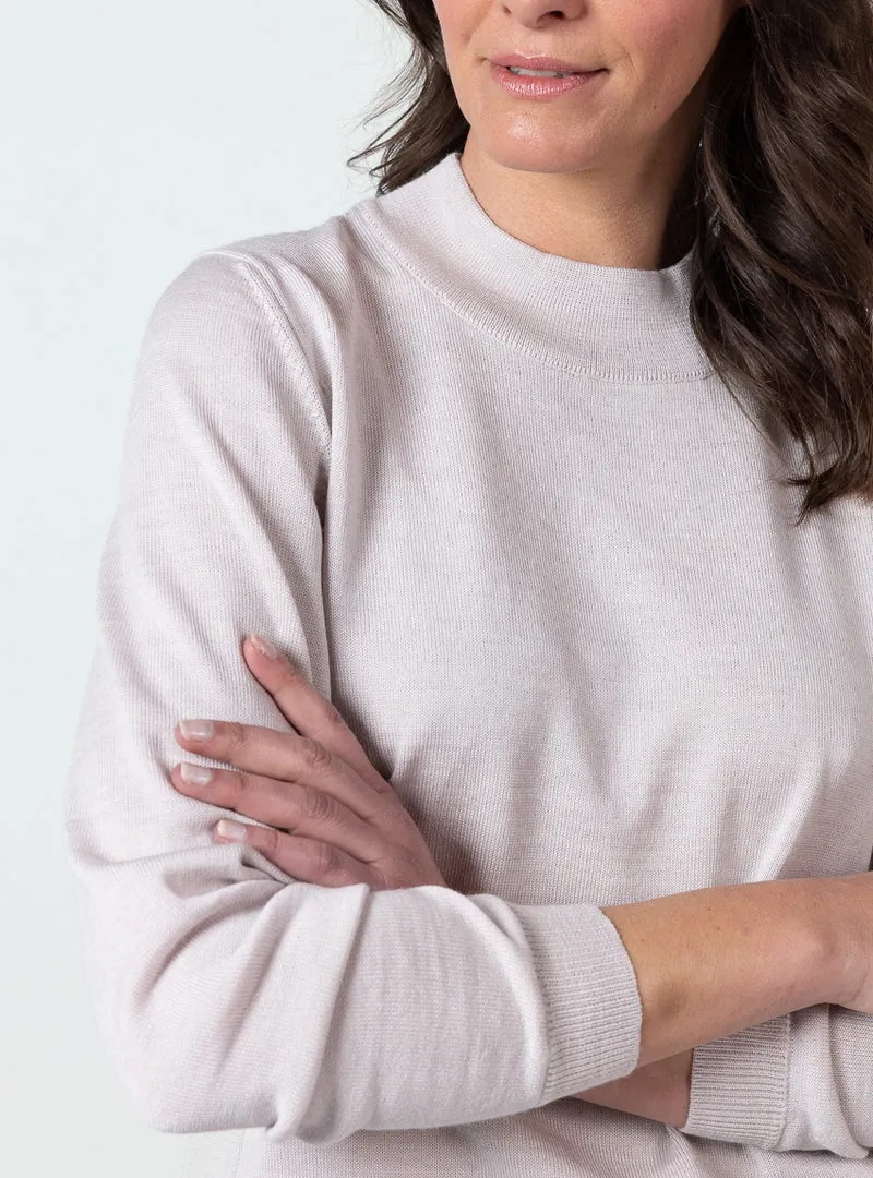 Pull femme col cheminée laine mérinos beige naturel