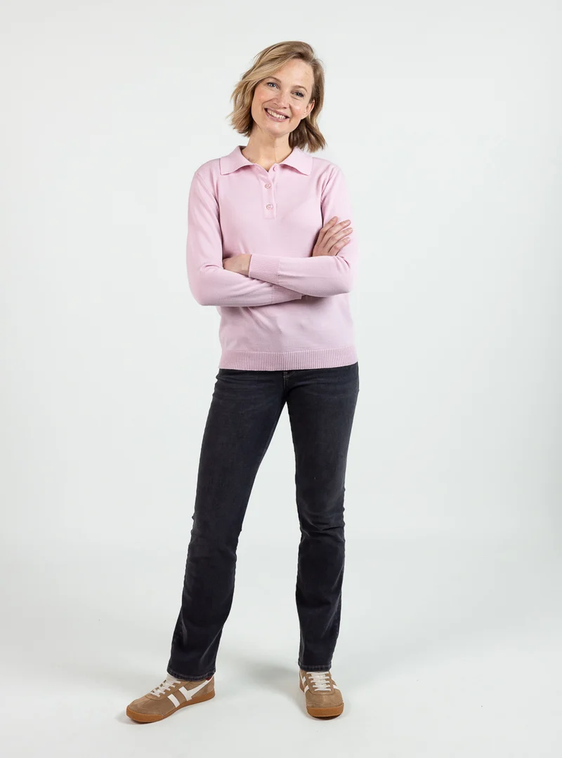 Pull femme col polo laine mérinos rose léger