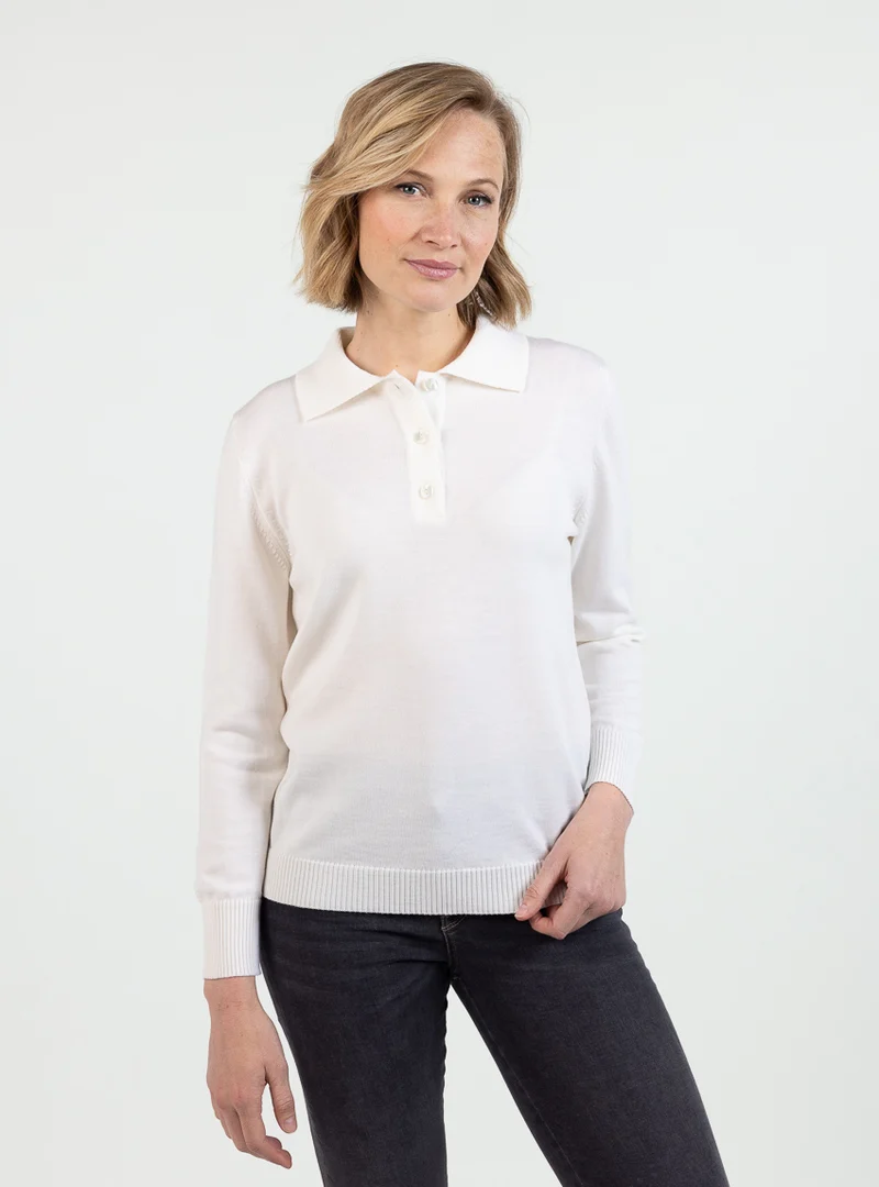 Pull femme col polo laine mérinos blanc naturel