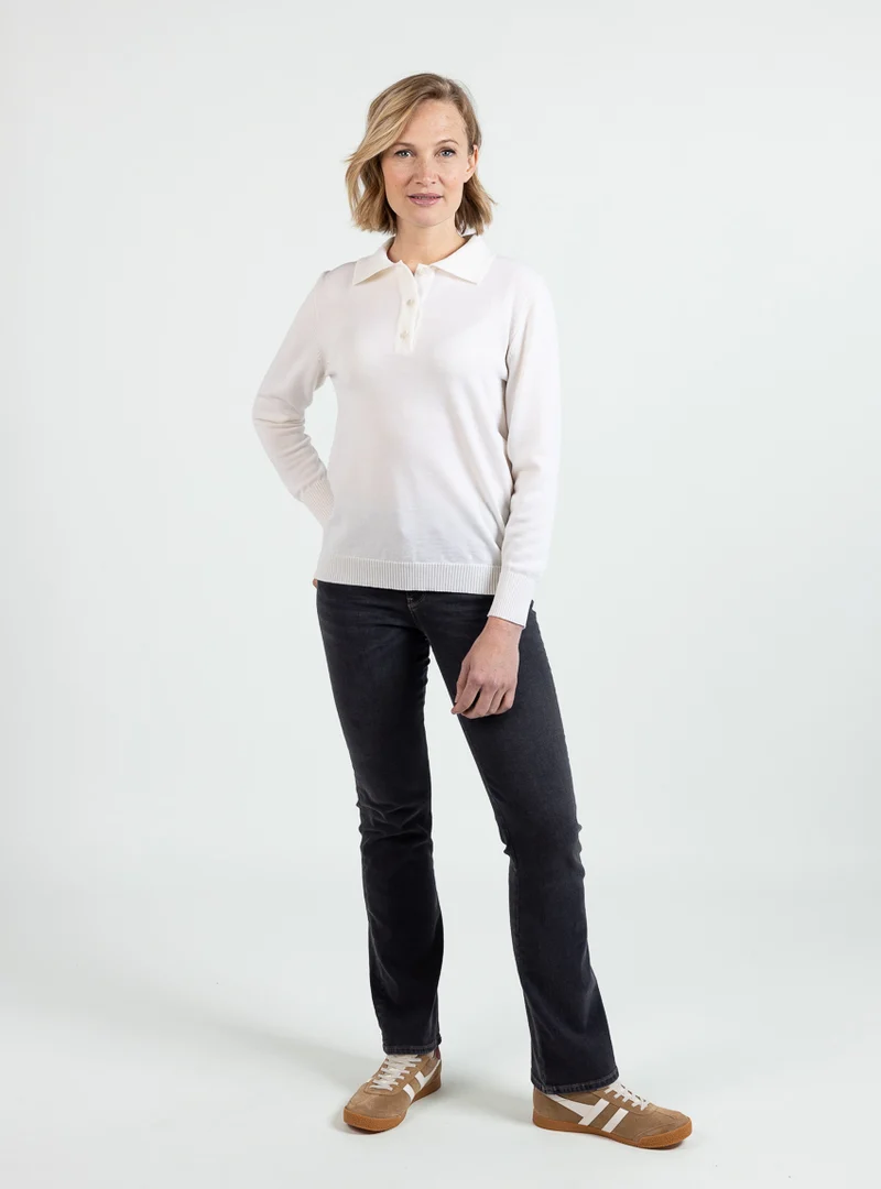 Pull femme col polo laine mérinos blanc naturel