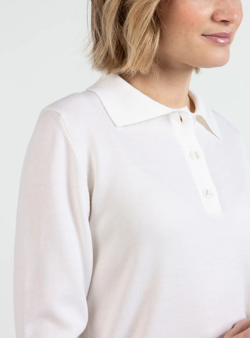 Pull femme col polo laine mérinos blanc naturel