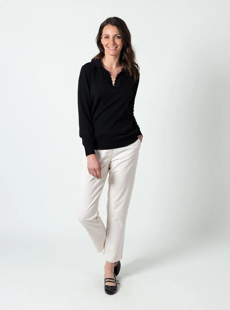 Pull femme col polo en laine fine mérinos noir