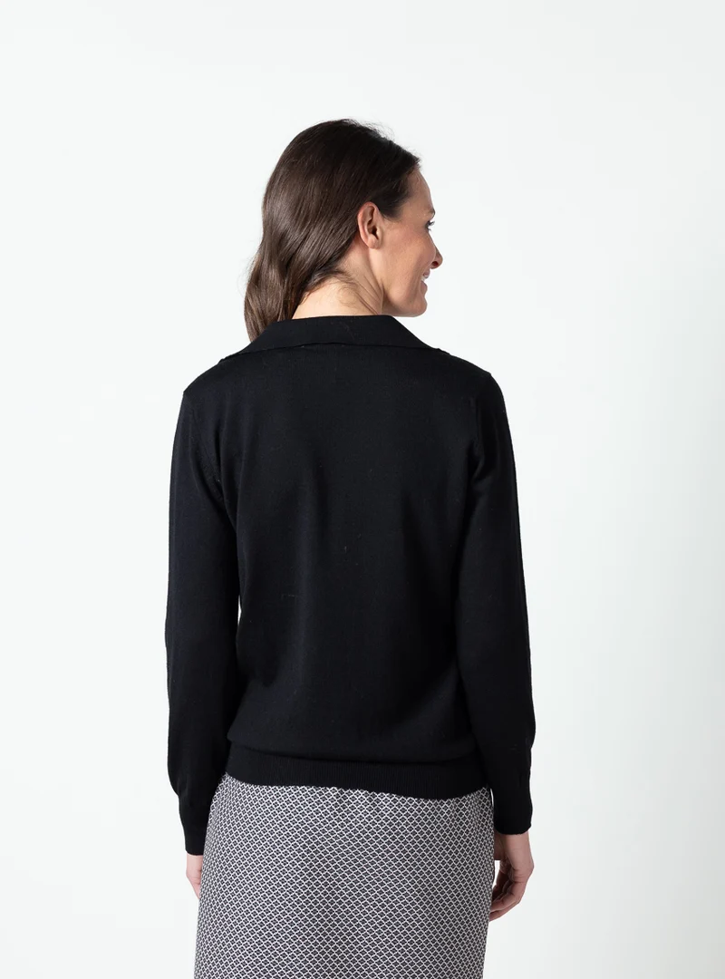 Pull femme col polo en laine fine mérinos noir